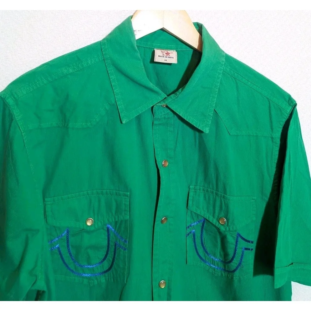 True Religion Mens Shirt Green Short Sleeve Western Pearl Snap  Sz XL Textured